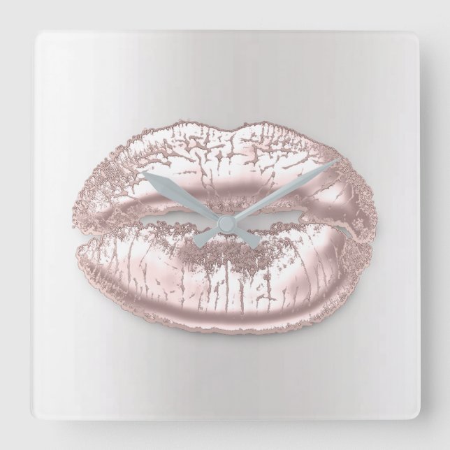 Relógio Quadrado Cinza Silver Kiss Lábios Rosa Rosa Dourada Maquiag (Frente)