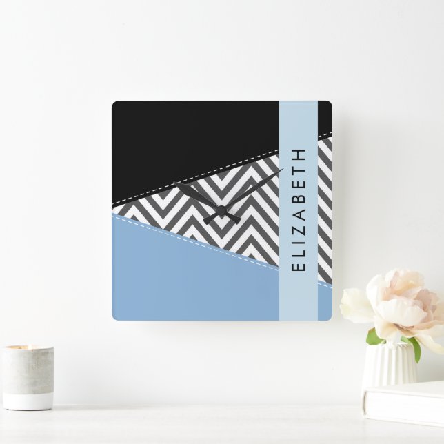 Relógio Quadrado Cinza Zigzag, Cinza Chevron, Azul, Seu Nome (Lar)