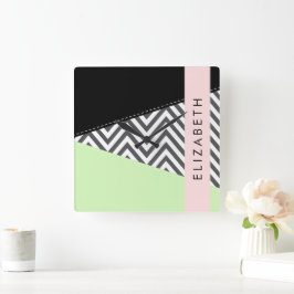 Relógio Quadrado Cinza Zigzag, Cinza Chevron, Mint, Seu Nome
