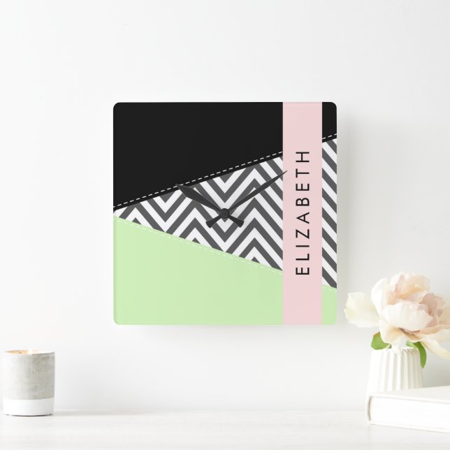 Relógio Quadrado Cinza Zigzag, Cinza Chevron, Mint, Seu Nome (Lar)