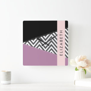 Relógio Quadrado Cinza Zigzag, Cinza Chevron, Purple, Seu Nome