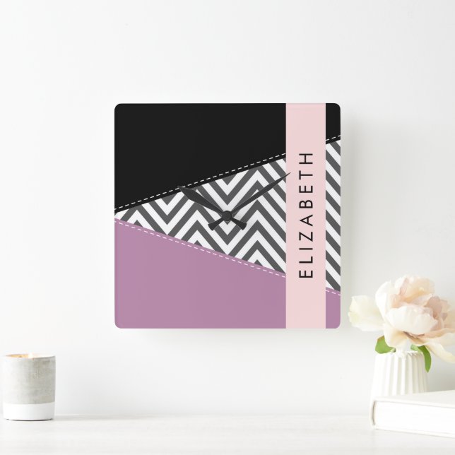 Relógio Quadrado Cinza Zigzag, Cinza Chevron, Purple, Seu Nome (Lar)