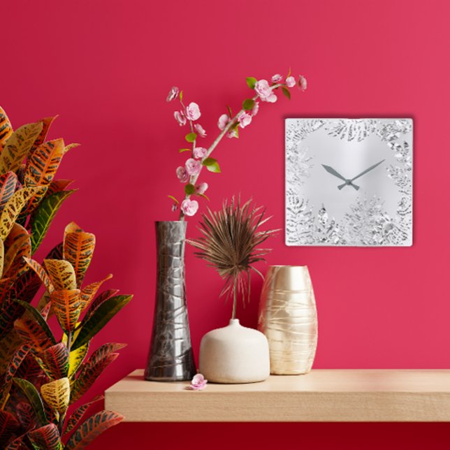 Relógio Quadrado Cinzas De Prata Palma De Palma Monocrome Aço Metál (Silver Gray Floral Palm Monochrom Metallic Steel Square Wall Clock)