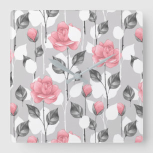 Relógio Quadrado Cinzas e rosa. Teste padrão floral