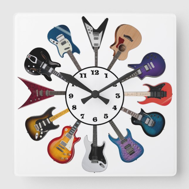 Relógio Quadrado Círculo de Guitarra Elétrica Branco (Frente)