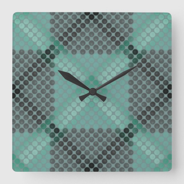 Relógio Quadrado Círculo ou esferas opacos e verdes, em quadrados (Frente)