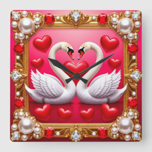 Relógio Quadrado Cisnes de Casamento Romântico Enquadrados por Joia