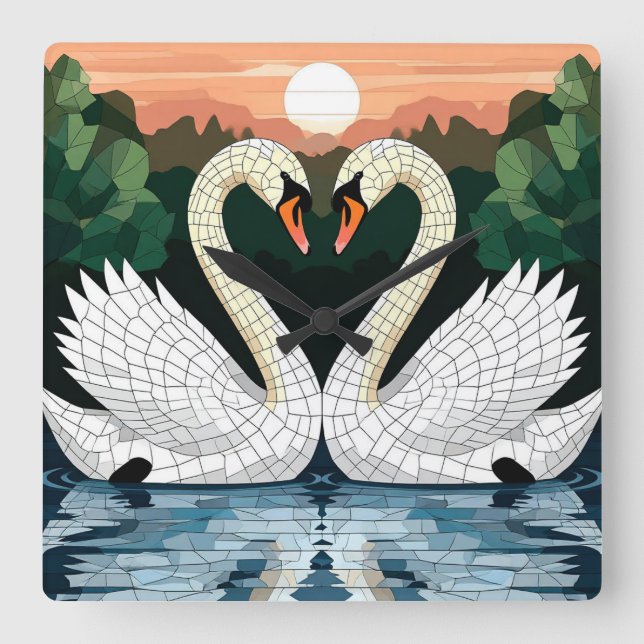 Relógio Quadrado Cisnes Românticos Presente de Decoração de Casa El (Frente)