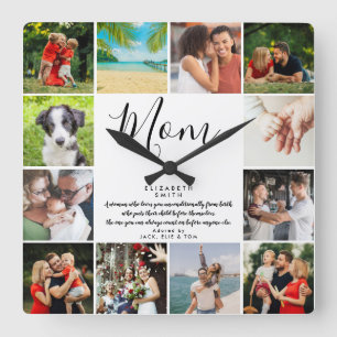 Relógio Quadrado Citação da Mãe Script Moderno Colagem de Fotos 12