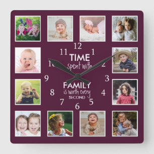 Relógio Quadrado Citação de Tempo Roxo de Ameixa com Família Foto 1
