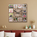 Relógio Quadrado Citação do Tempo da Família Colagem de Fotos Rusti<br><div class="desc">Relógio de fotos russo com a inspiradora citação da família "O tempo passado com a família vale a cada segundo". Personalize com 12 de suas fotos favoritas da família.</div>