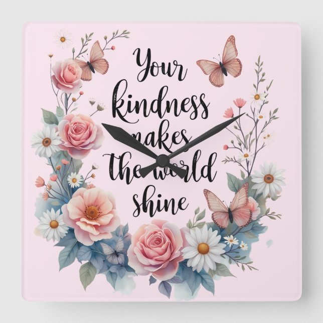 Relógio Quadrado Citação Floral Inspiracional com Borboletas (Frente)