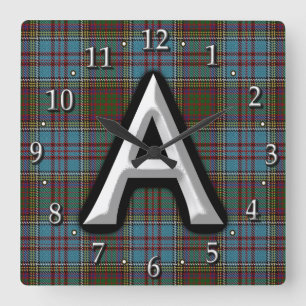 Relógio Quadrado Clan Anderson - Letra A Monograma Tartan