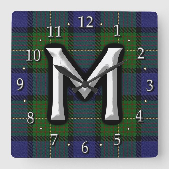 Relógio Quadrado Clan Muir - Letra M Monograma Tartan (Frente)