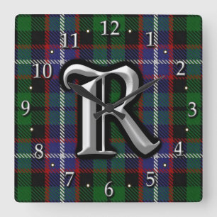 Relógio Quadrado Clan Russell - Letra R Monograma Tartan