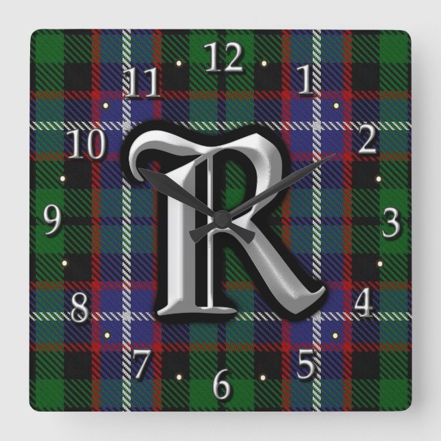 Relógio Quadrado Clan Russell - Letra R Monograma Tartan (Frente)