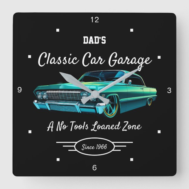 Relógio Quadrado Classic Car Garage Dad's Green Car Name Black   (Frente)