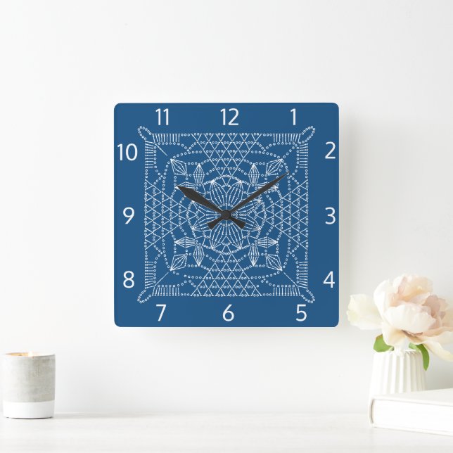 Relógio Quadrado Clássico Blue Crochet Chart Square Wall Clock (Lar)