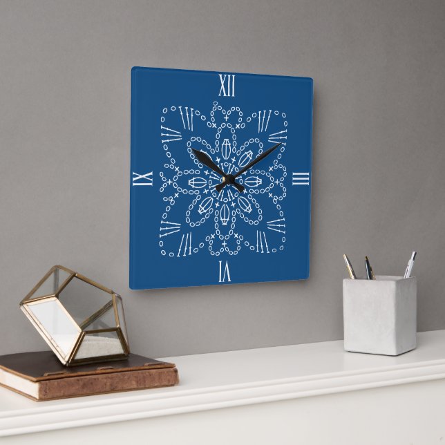 Relógio Quadrado Clássico Blue Crochet Chart Square Wall Clock (Escritório)