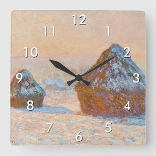 Relógio Quadrado Claude Monet - Medas de Trigo, Efeito de Neve, Man