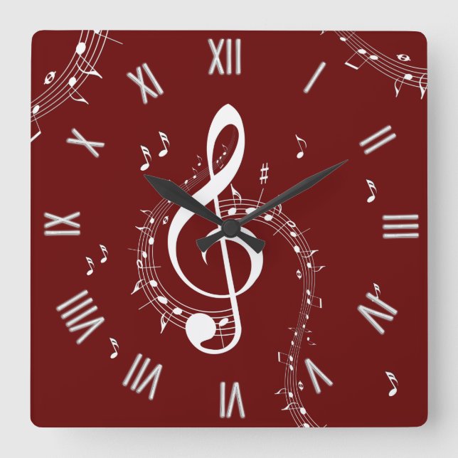 Relógio Quadrado Climactic G Clef Music Red Roman Numerals (Frente)