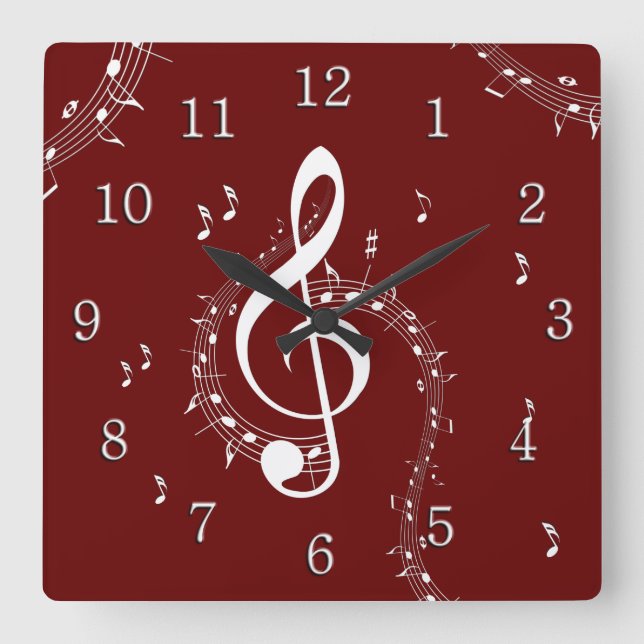 Relógio Quadrado Climactic G Clef Music Red w/ White Numbers (Frente)