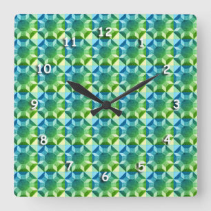 Relógio Quadrado Clock - Blue and Green Quilt Pattern White Numbers