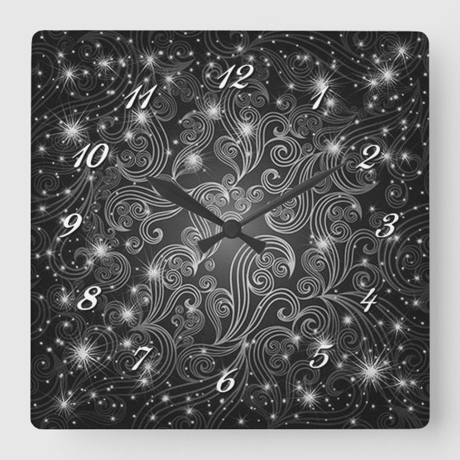 Relógio Quadrado Clock de Muralha Celestial Preto e Branco (Frente)