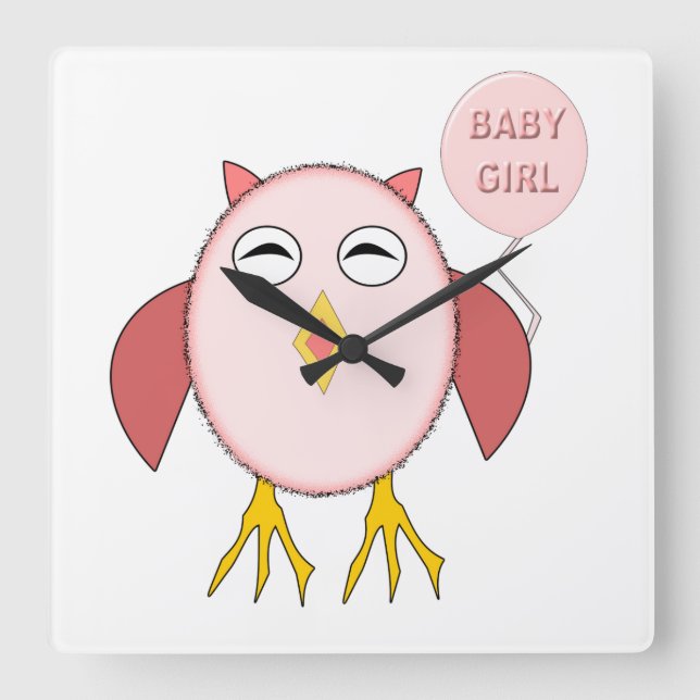 Relógio Quadrado Clock de Muralha de Bebê Rosa Bonita (Frente)