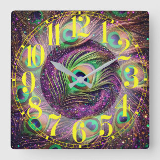 Relógio Quadrado Clock de Muro de Penas de Peacock Galácticas