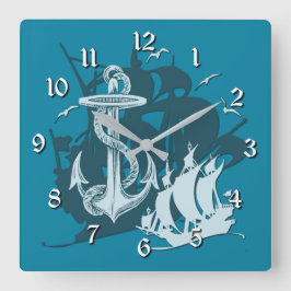 Relógio Quadrado Clock de Parede Branca de Envio Pirata e Âncora 2