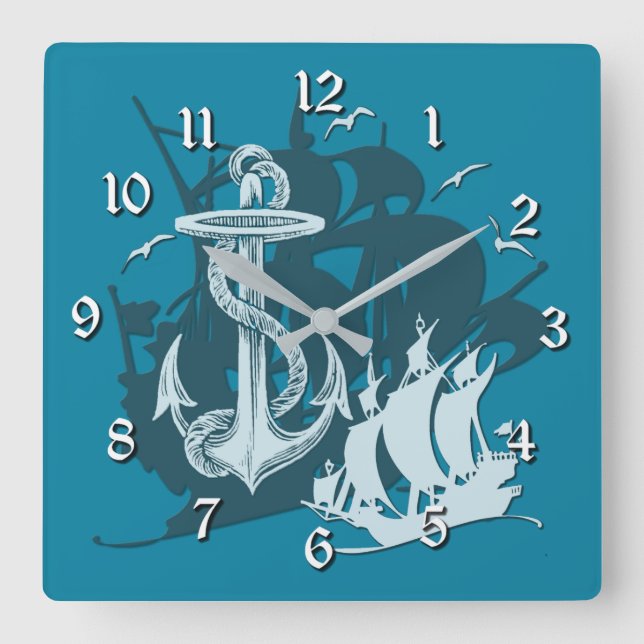Relógio Quadrado Clock de Parede Branca de Envio Pirata e Âncora 2 (Frente)