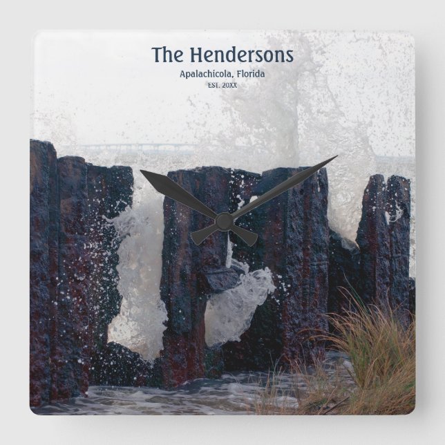 Relógio Quadrado Coastal Beach Custom Family NameWall Clock (Frente)