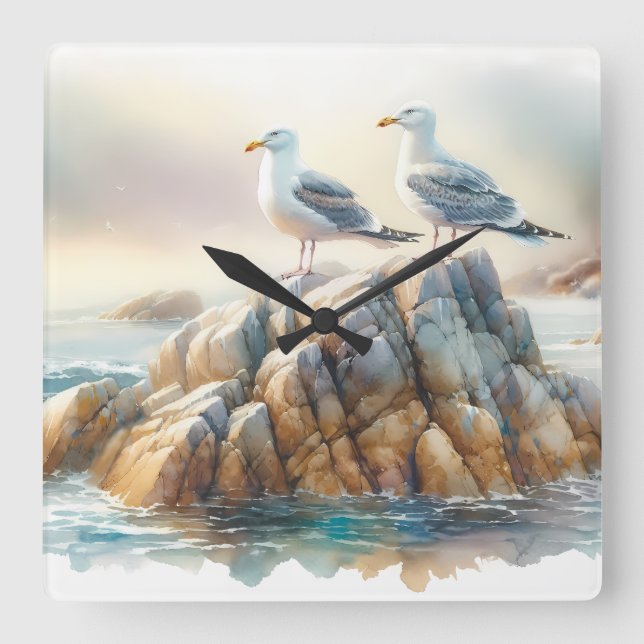 Relógio Quadrado Coastal Seagulls Watercolor Seascape (Frente)