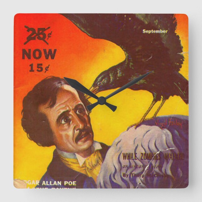 Relógio Quadrado Cobrir da Revista Edgar Allan Poe e Raven Pulp (Frente)