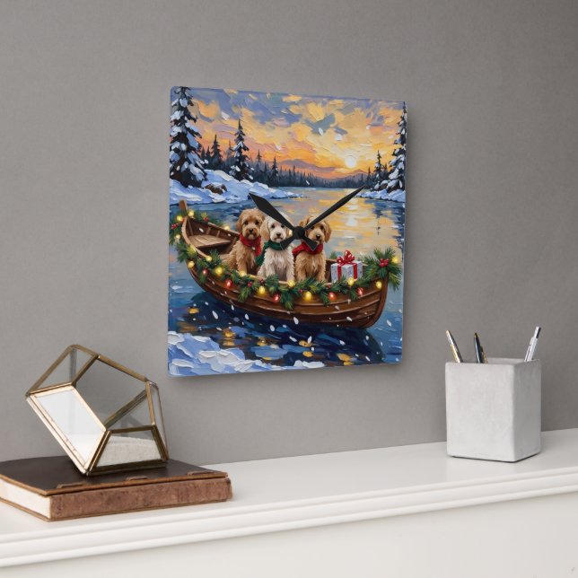 Relógio Quadrado Cockapoo Christmas Boat Holiday (Escritório)