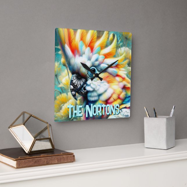 Relógio Quadrado Cockatoo Bird Yellow Poppies Personalized (Escritório)