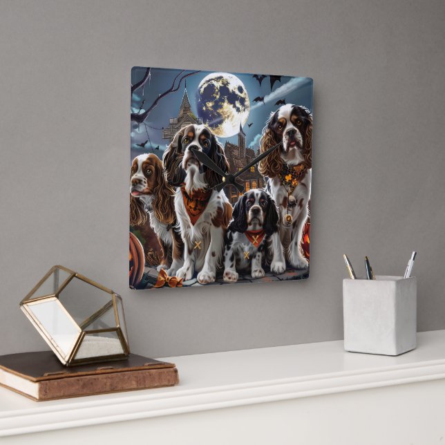 Relógio Quadrado Cocker Spaniel Halloween Assustador (Escritório)