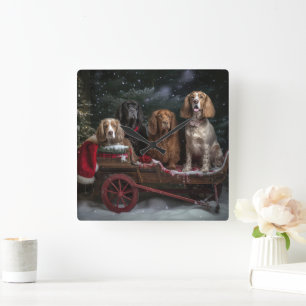 Relógio Quadrado Cocker Spaniel Nevado Trenó Natal Decoração de Nat