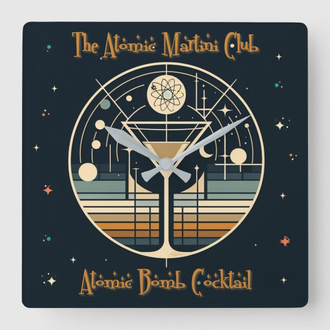 Relógio Quadrado Cocktail de bombas atômicas do Clube Atômico Marti (Frente)