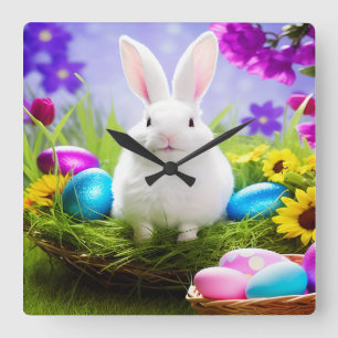 Relógio Quadrado Coelhinho De Páscoa Com Cesta De Ovo De Páscoa