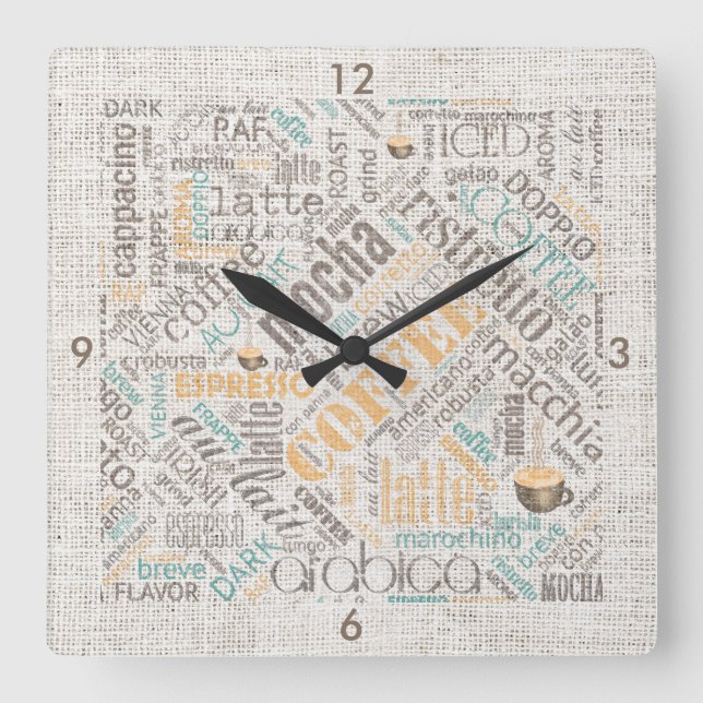 Relógio Quadrado Coffee on Burlap Word Cloud Teal ID283 (Frente)