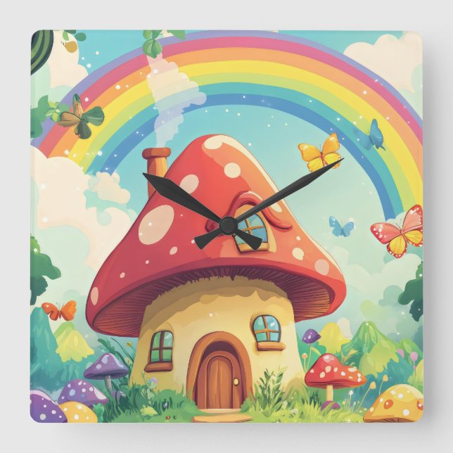 Relógio Quadrado Cogumelos e arco-íris 10 (Frente)