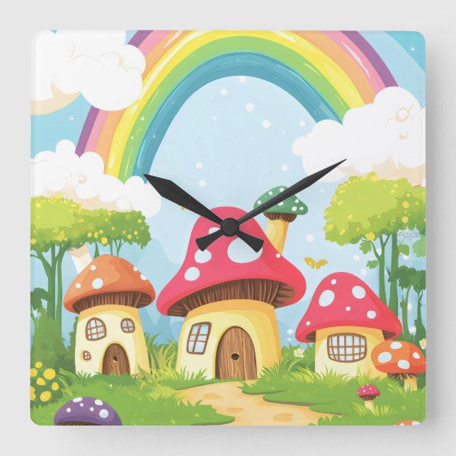Relógio Quadrado Cogumelos e arco-íris 11 (Frente)