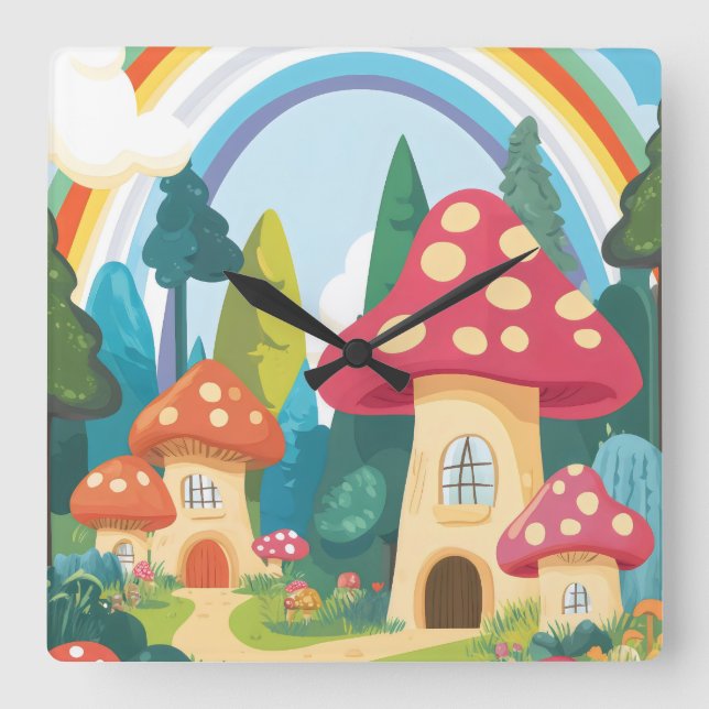 Relógio Quadrado Cogumelos e arco-íris 12 (Frente)