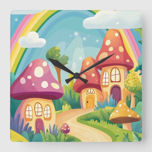 Relógio Quadrado Cogumelos e arco-íris 13 (Frente)