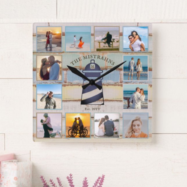 Relógio Quadrado Colagem de 12 fotografias de madeira de estufa náu (Criador carregado)