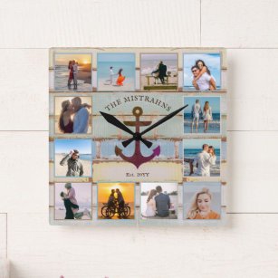 Relógio Quadrado Colagem de 12 fotografias em madeira de ancoragem 
