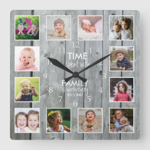Relógio Quadrado Colagem de 12 Fotos com Citação de Tempo com a Fam