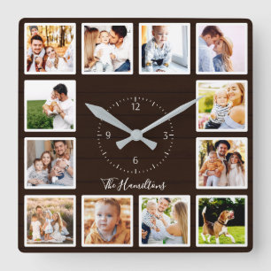 Relógio Quadrado Colagem de 12 Fotos da Família em Madeira Marrom E